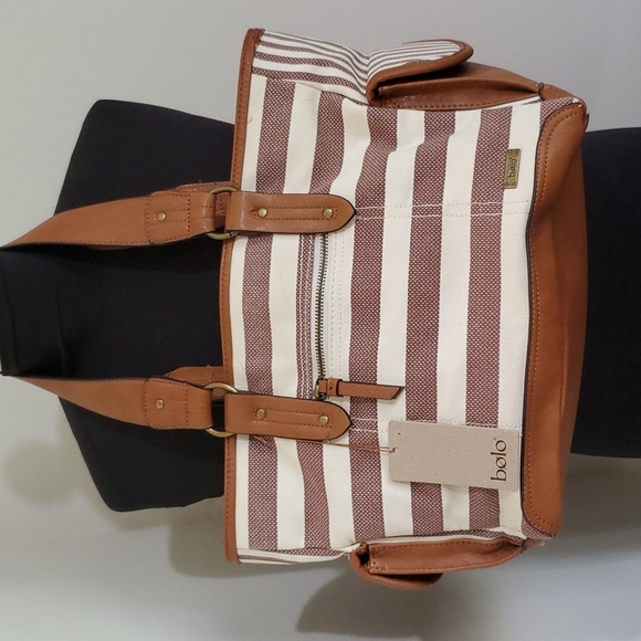 bolo Bags Nwt Browncream Fabric Faux Leather Shoulder Bag By Bolo